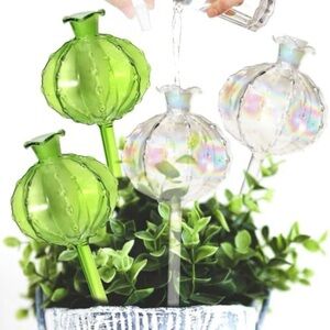 Plant Watering Globes 4-Pack Green & Clear Glass Cactus Self Watering Globe